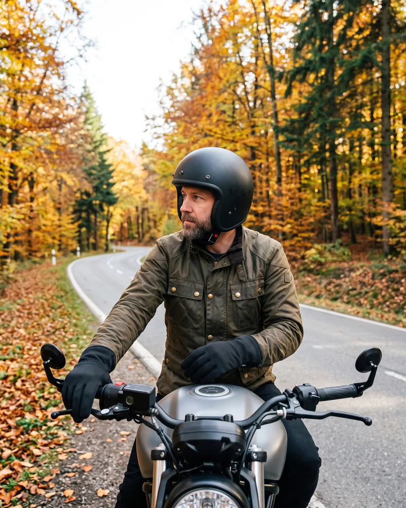 Motorradfahrer mit beheizten Handschuhen an einer Landstraße im Herbst