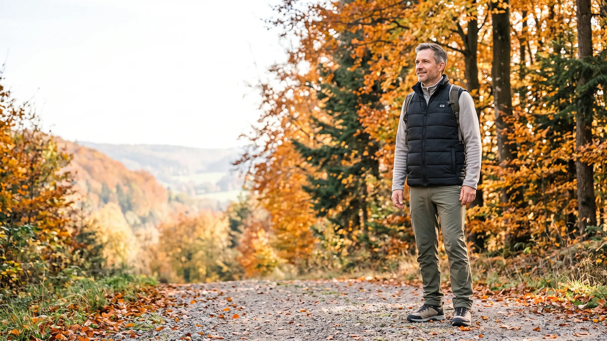 Mann in der beheizten Weste BergHeat Grat auf einem Waldweg im Herbst