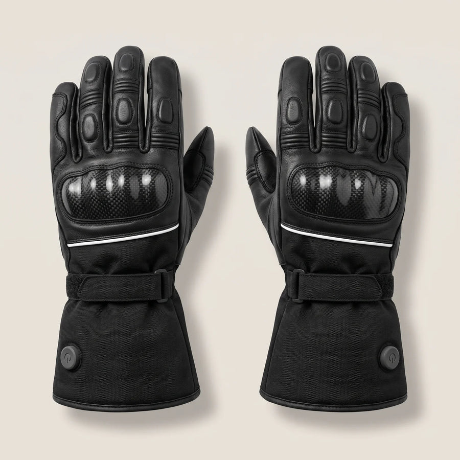 Beheizte Motorradhandschuhe aus Leder mit hartem Knöchelschutz und langer Stulpe