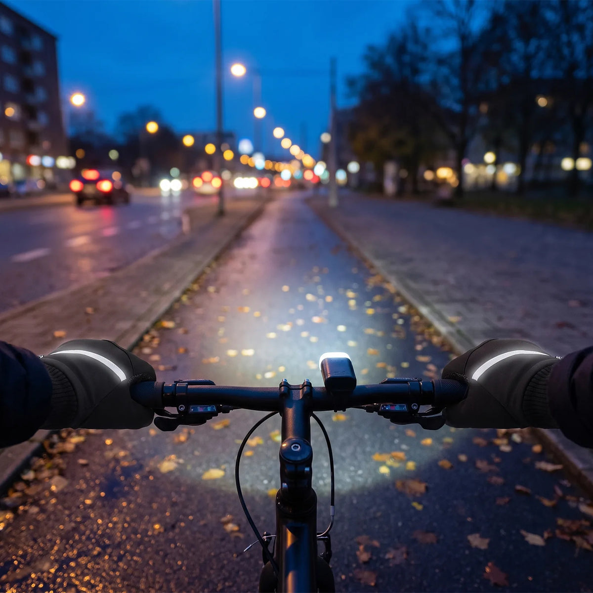 Blick über den Lenker auf den Radweg bei Nacht, die Reflektorstreifen auf beiden Handschuhen leuchten