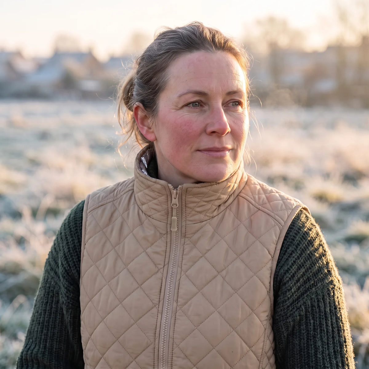 Frau mit hochgezogenem Stehkragen der sandfarbenen Heizweste an einem frostigen Morgen