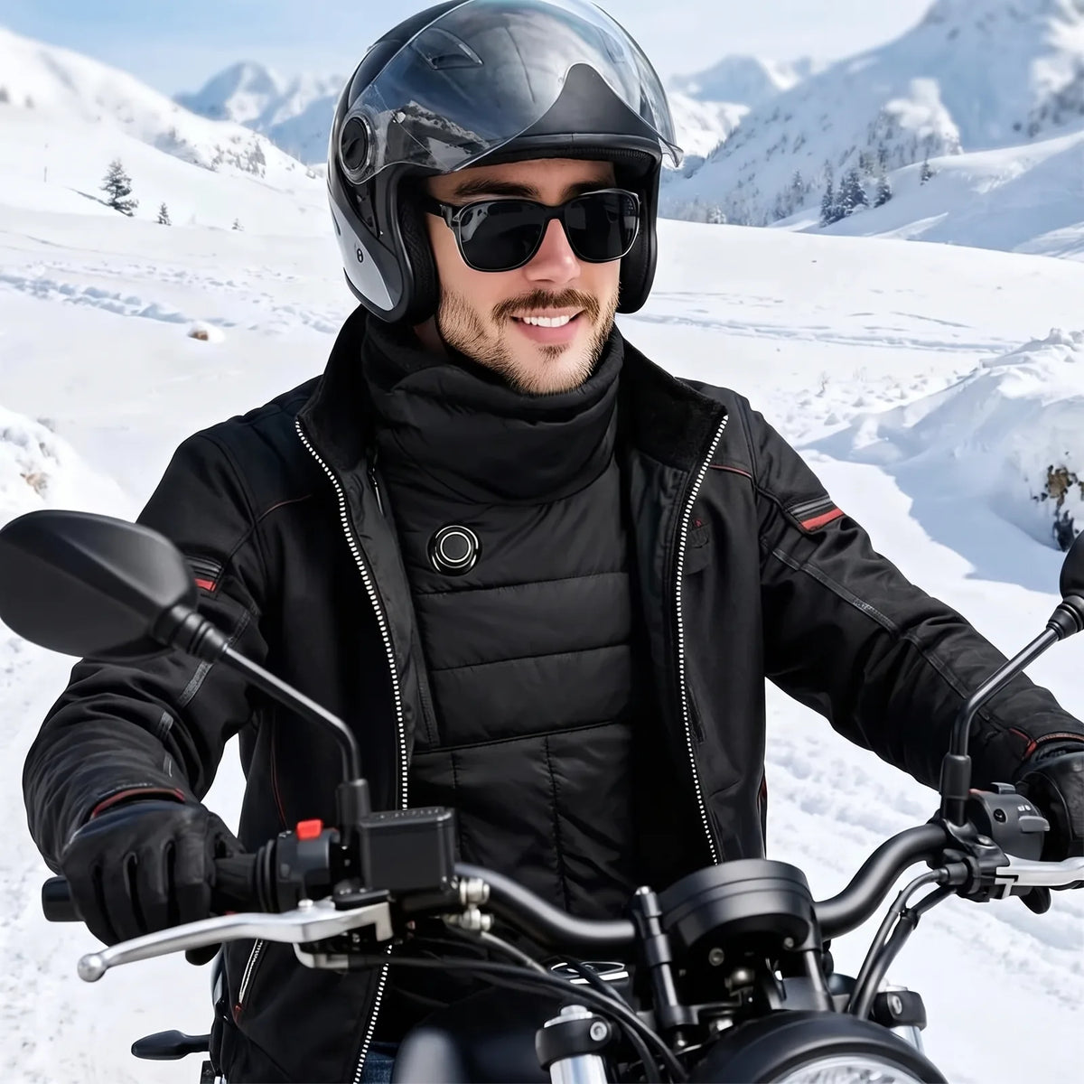 Motorradfahrer im Schnee mit offener Jacke, darunter der beheizte Hals- und Brustwärmer