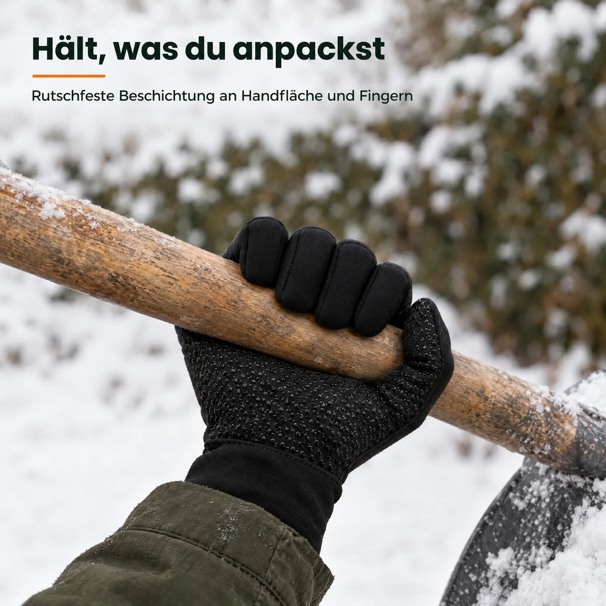 Handfläche des Griff-Handschuhs am Stiel einer Schneeschaufel – rutschfeste Noppen an Handfläche und Fingern