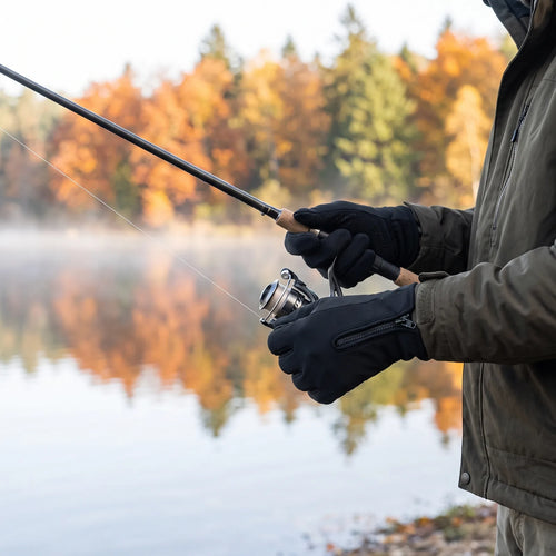 Angler in den beheizten Handschuhen Griff hält am Herbstsee die Rute