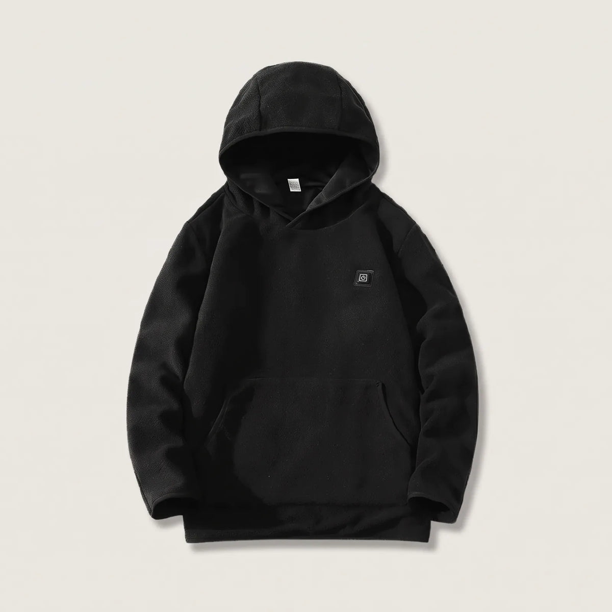 Beheizter Hoodie BergHeat Hütte in Schwarz aus Fleece mit Heizknopf auf der Brust