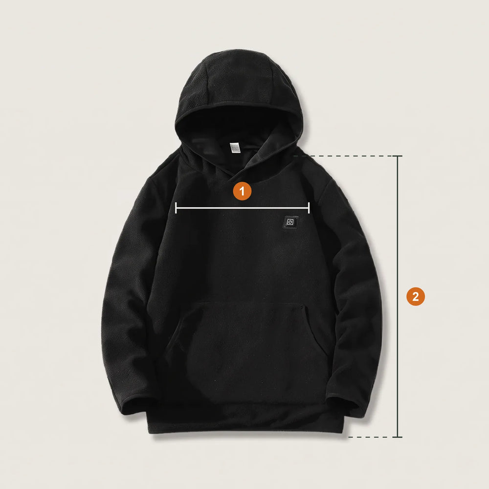 Flach liegender Hoodie mit zwei Messlinien: 1 Brustumfang, 2 Länge