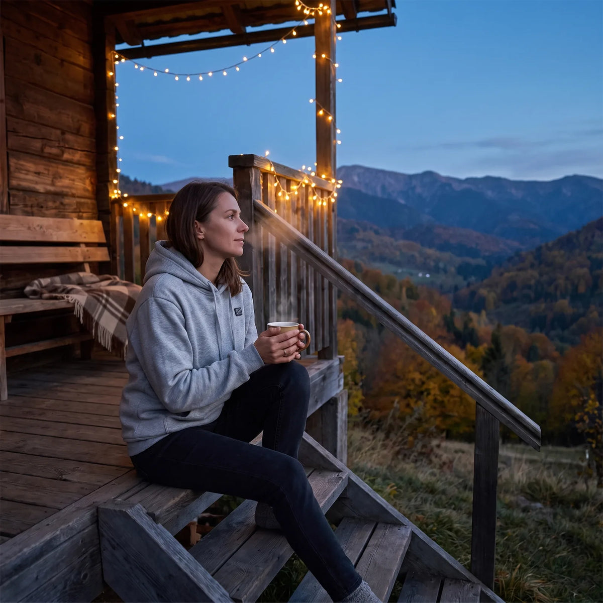 Frau im grauen Hütte-Hoodie mit Tee auf der Terrasse einer Berghuette am Abend