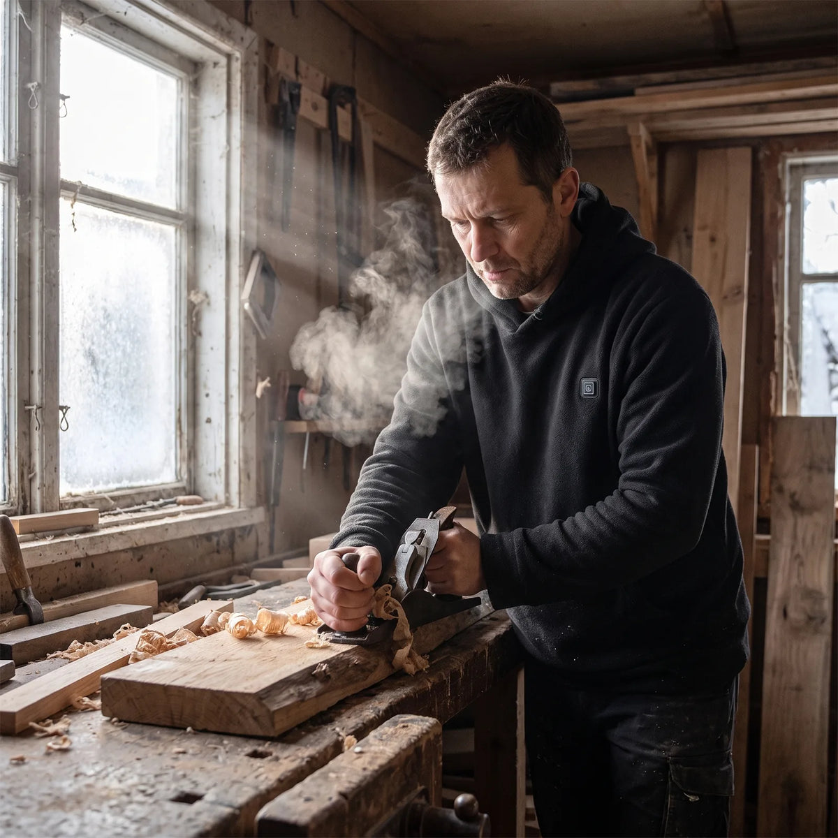 Mann im schwarzen Hütte-Hoodie hobelt in einer kalten Holzwerkstatt