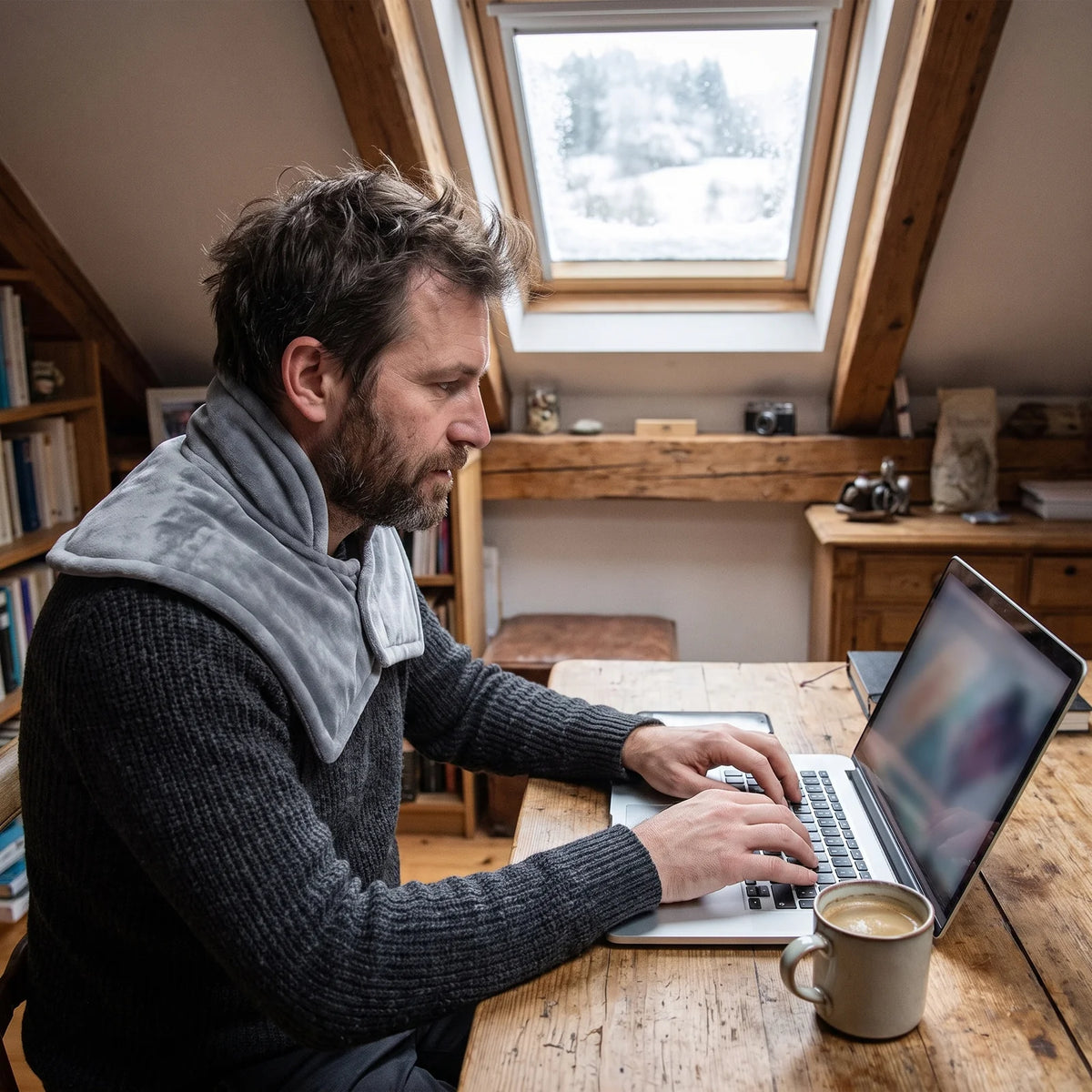 Mann mit Heizumhang über den Schultern arbeitet am Laptop im kühlen Dachzimmer