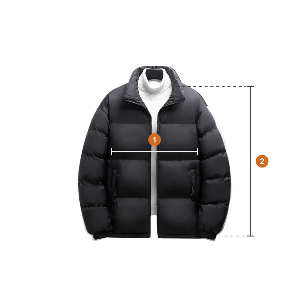 Flach liegende Jacke mit zwei Messlinien: 1 Brustumfang, 2 Länge