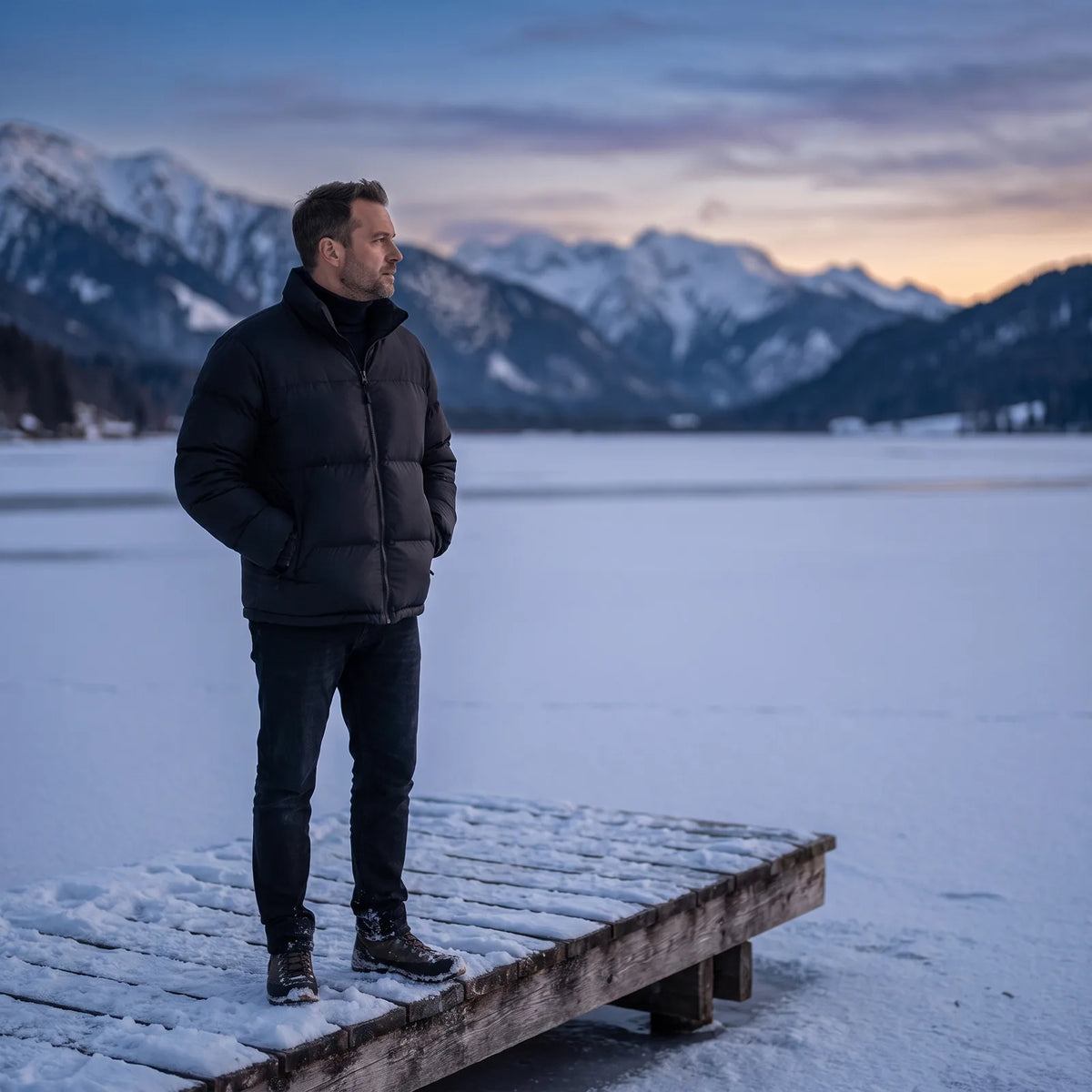 Mann in der schwarzen Massiv-Jacke auf einem verschneiten Steg am zugefrorenen Bergsee