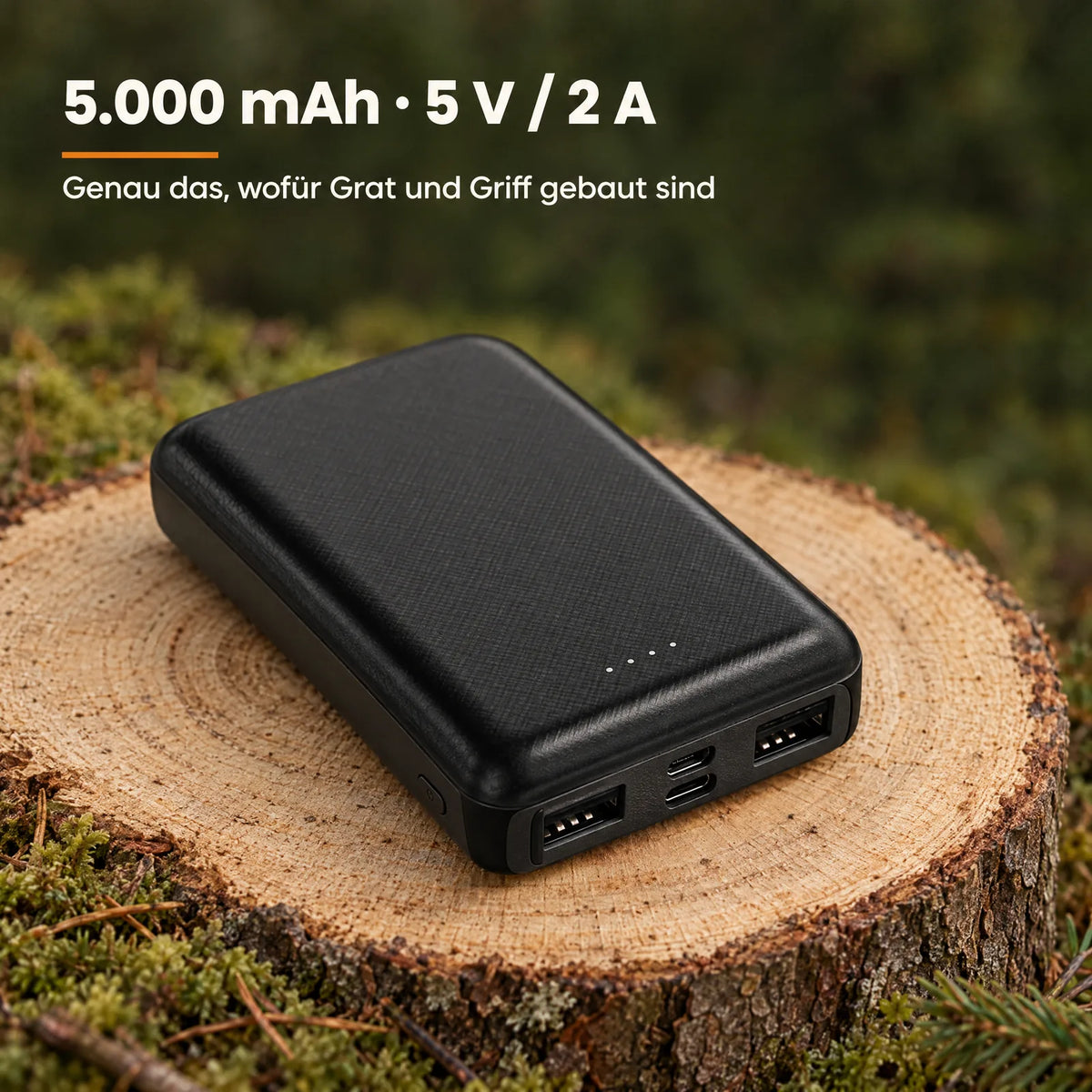Powerbank auf einer Baumscheibe – 5.000 mAh, 5 V / 2 A