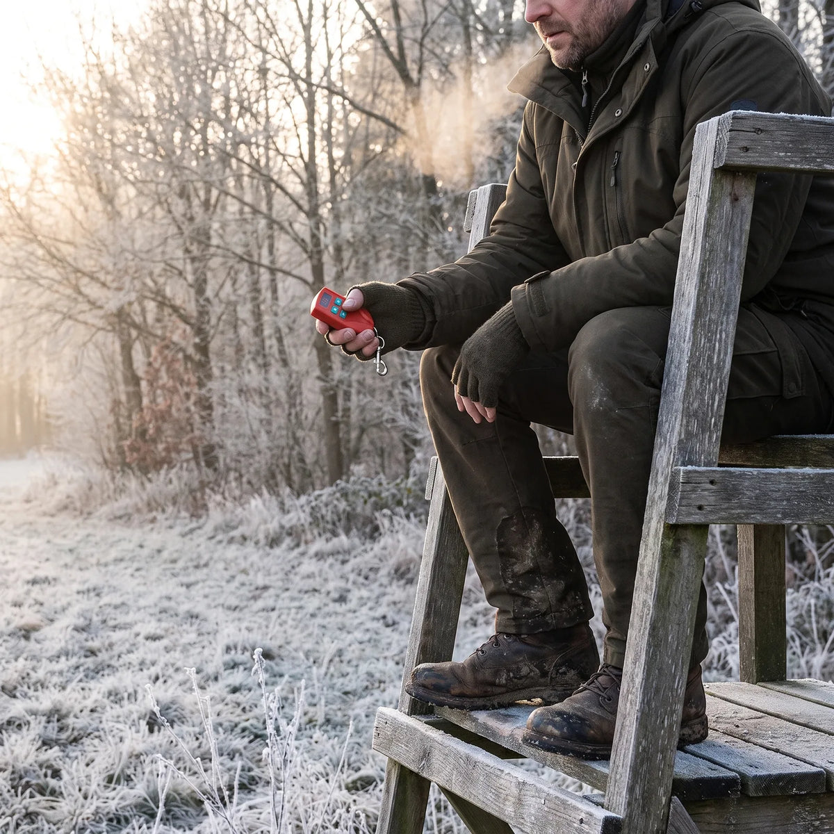 Jäger auf dem Hochsitz stellt die Sohlen per Fernbedienung ein