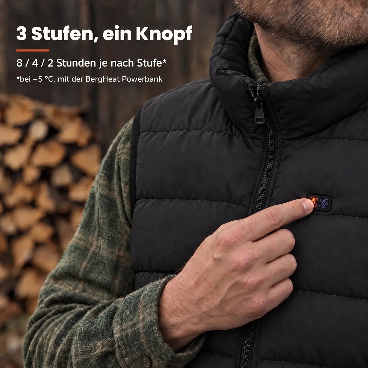 Finger drückt den Knopf auf der Brust der Grat – 3 Stufen, 8, 4 oder 2 Stunden bei −5 °C
