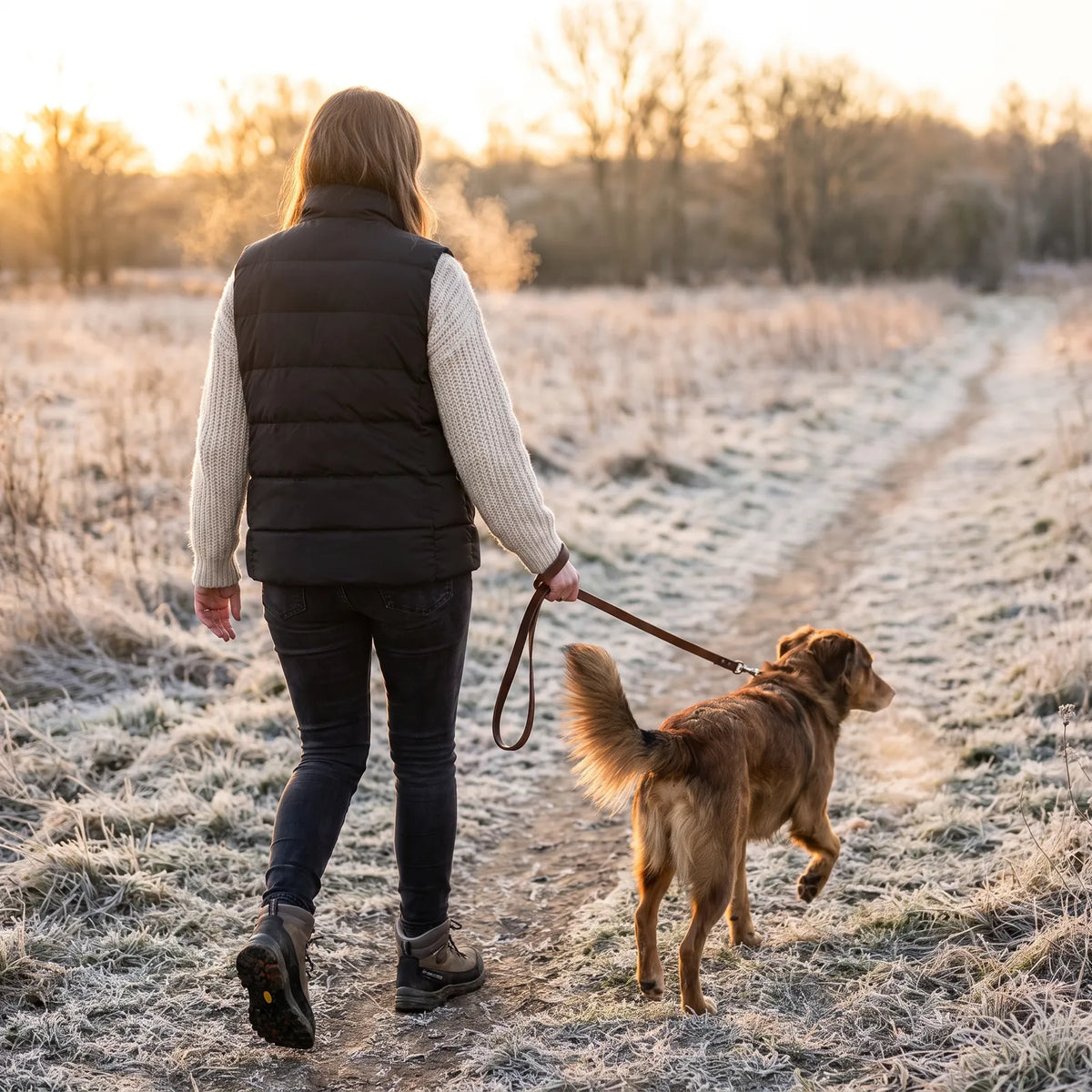Frau mit Hund auf einem frostigen Feldweg, sie trägt die Heizweste 2.0